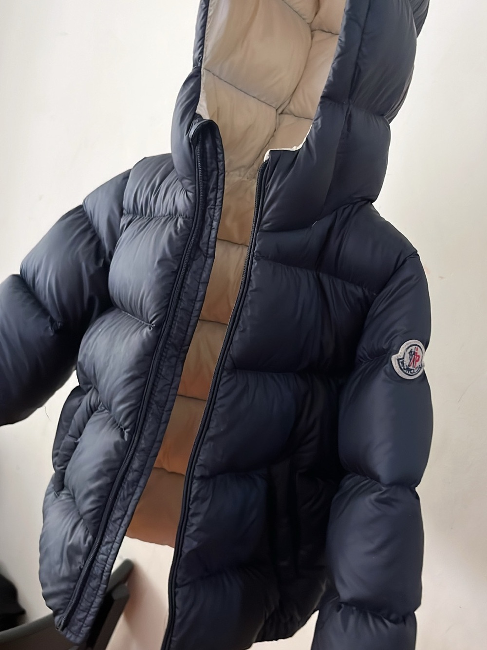 Moncler Kids Navy Puffer Jacket with Cream Hood Lining